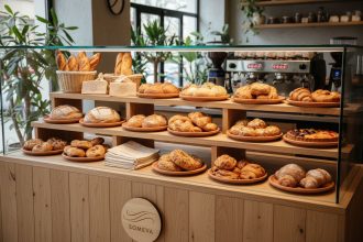 Présentoir élégant mettant en valeur des produits de boulangerie artisanale