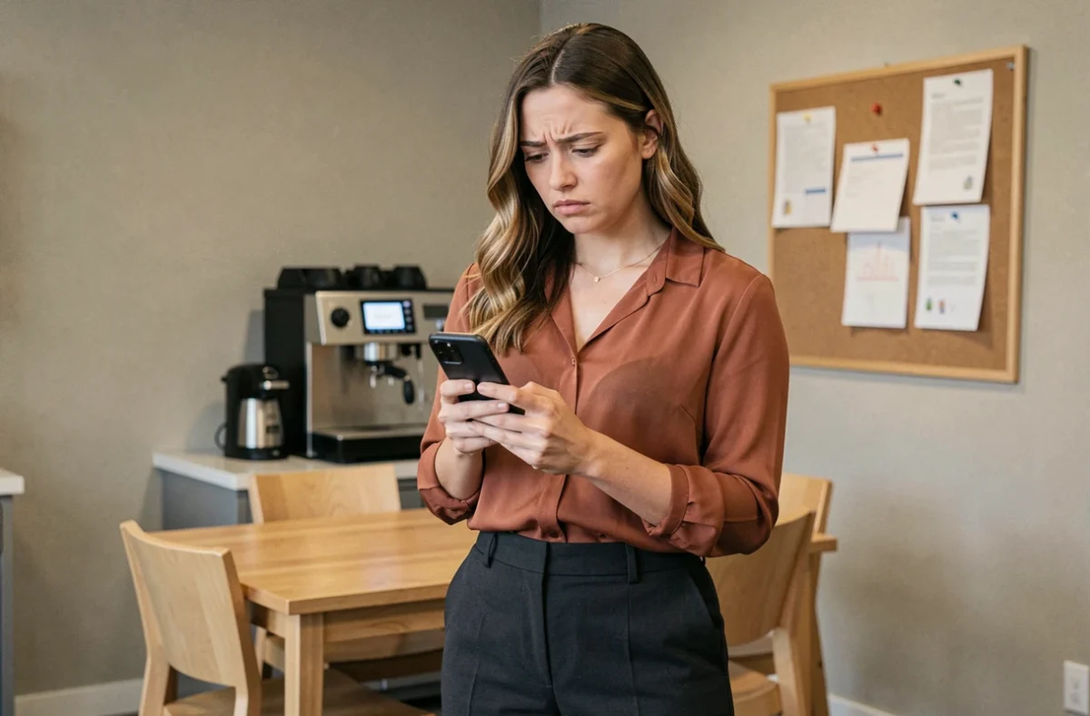 Employée consultant l'application RH sur smartphone dans la salle de pause sans succès