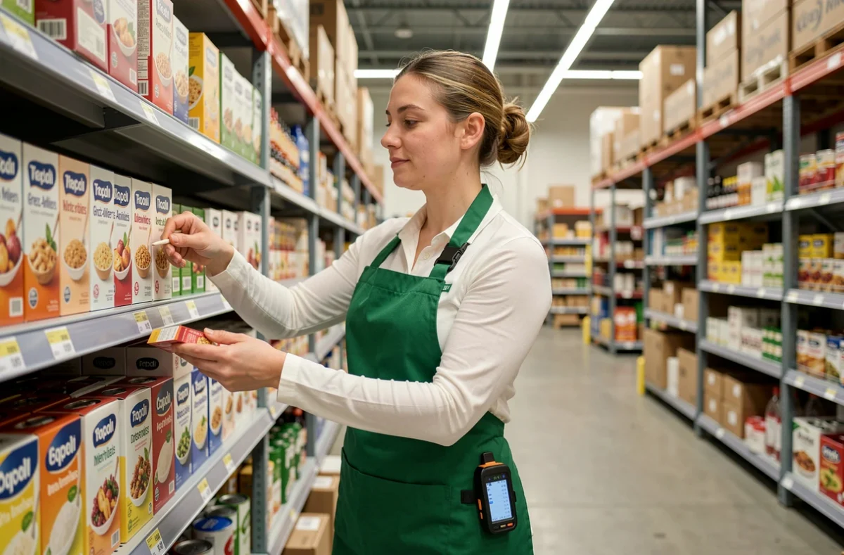 Employée de rayon en uniforme de grande distribution organisant des produits dans un magasin près de Gretz-Armainvilliers