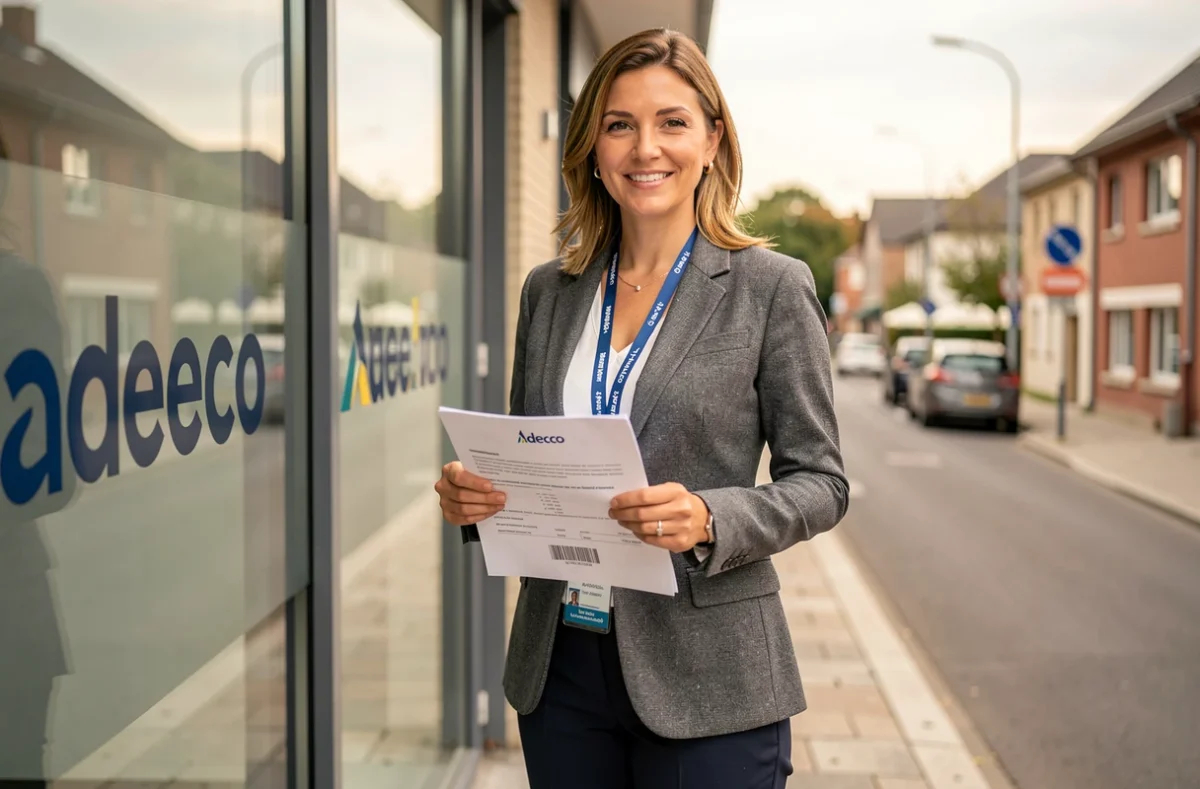 Consultante RH Adecco devant une agence en Seine-et-Marne tenant un document de placement professionnel
