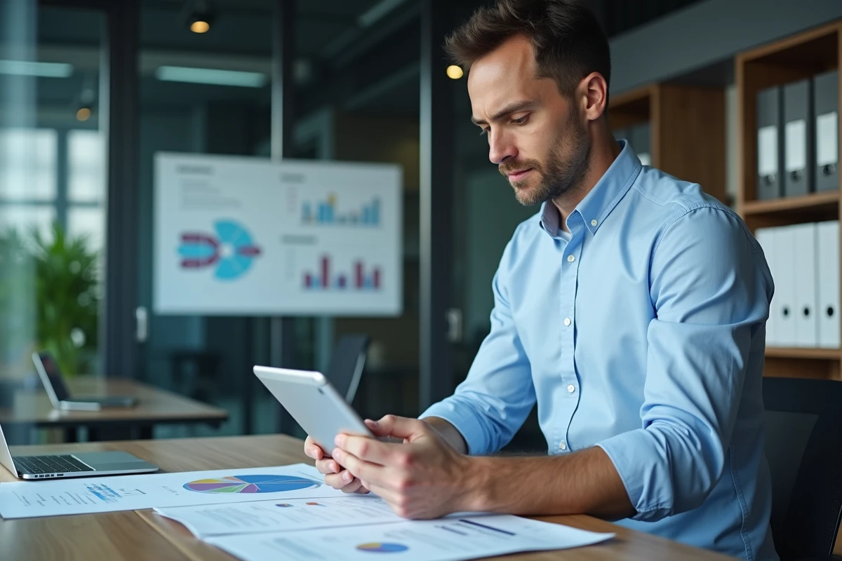 Professionnel RH consultant un tableau de bord PGI sur tablette dans un espace de travail d'entreprise