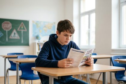 Adolescent en classe qui prépare la formation ASSR2 en lisant un livret de sécurité routière