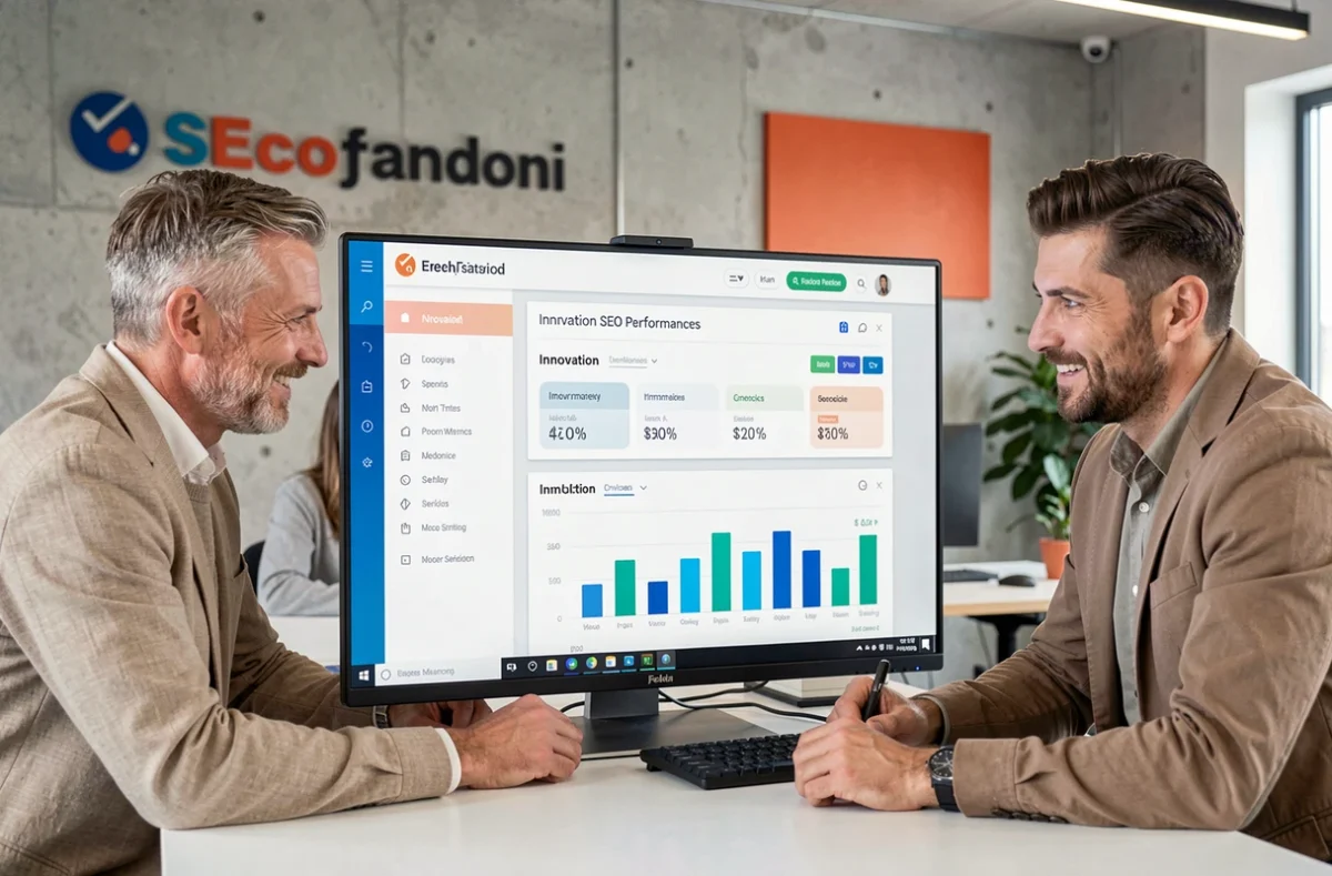 Équipe de l'agence Inova collaborant autour d'un tableau de bord SEO dans leurs bureaux modernes