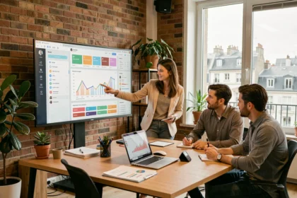 Équipe d'une agence de marketing digital en Seine-Maritime travaillant sur des campagnes numériques dans un bureau moderne à Rouen