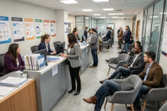 Bureau d'une agence d'intérim animé en Seine-et-Marne avec des candidats et des recruteurs en interaction