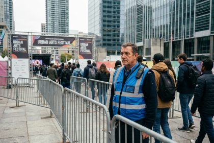 Agent de sécurité en uniforme surveillant l'entrée d'un événement public