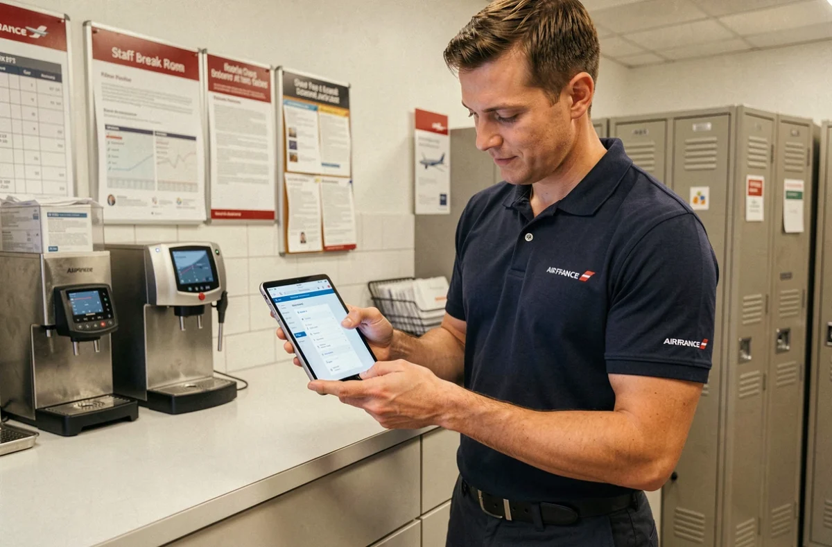 Agent Air France consultant le portail Intralignes sur une tablette dans la salle de pause du personnel