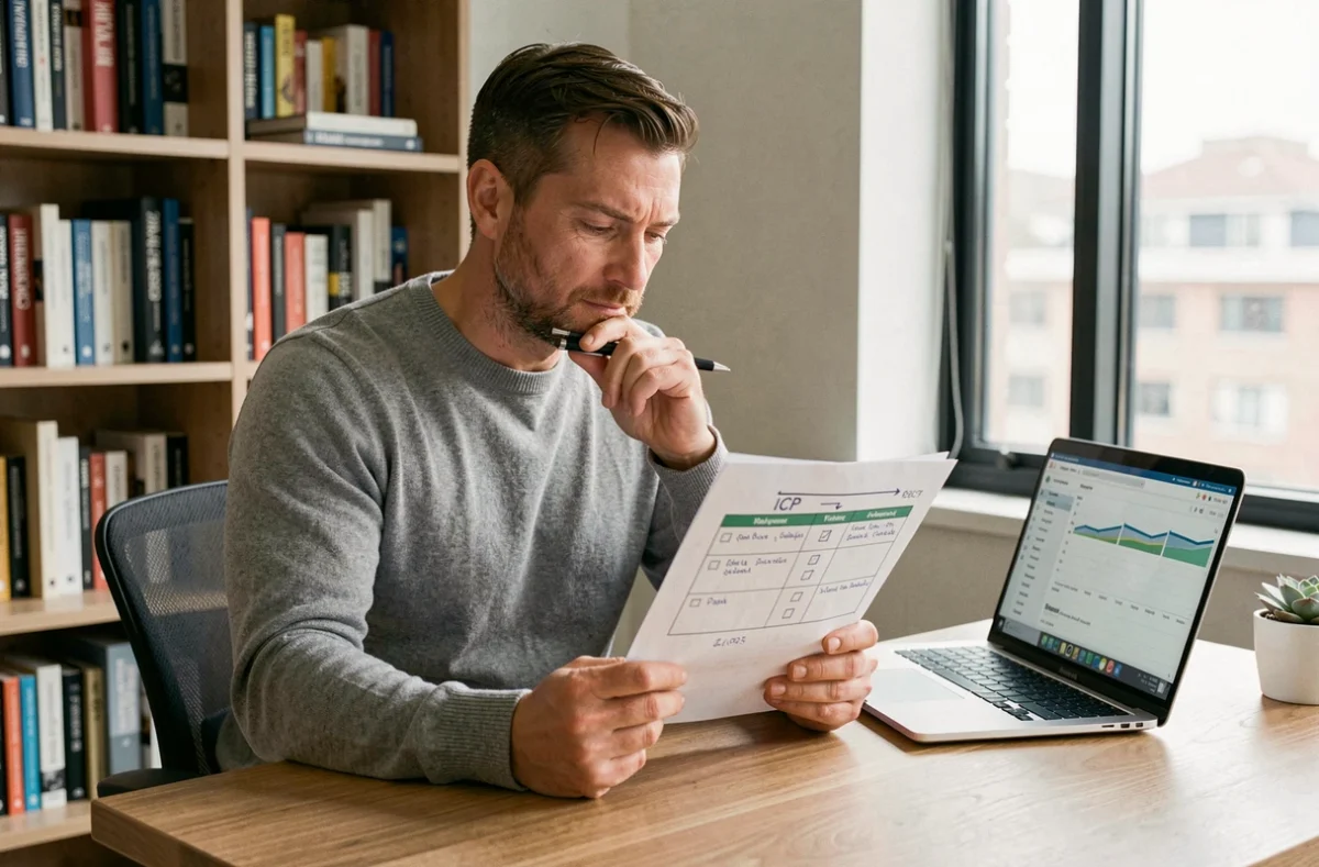Homme d'affaires analysant un document de profil client idéal avec des annotations dans un bureau à domicile