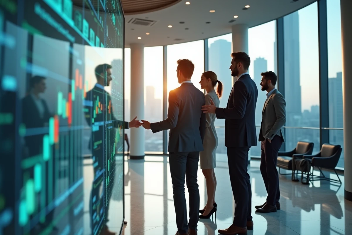 Analystes financiers collaborant autour d un écran digital dans un hall