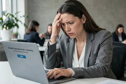 Femme frustrée face à une application RH qui ne s'ouvre pas sur son ordinateur portable au bureau