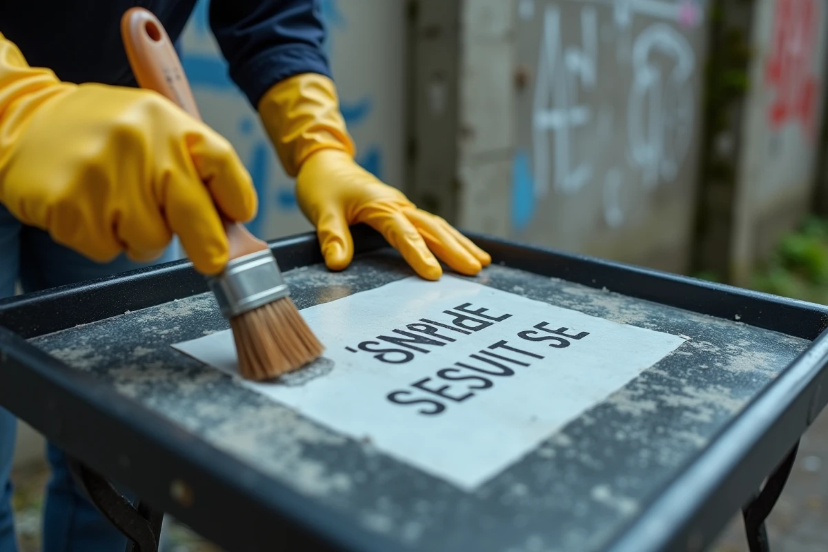 Gros plan sur l'application d'un vernis imperméabilisant sur la surface d'un stop trottoir extérieur usagé