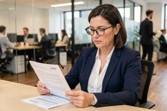Femme professionnelle en blazer marine consultant un document d'assurance responsabilité civile professionnelle dans un bureau moderne