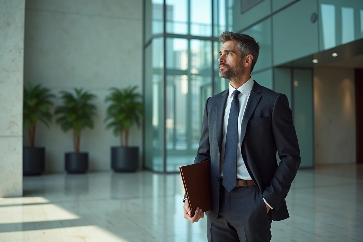 Homme en costume marine debout dans le hall d'une tour de bureaux prestigieuse, tenant un portfolio et réfléchissant à son avenir dans un cabinet Big 4