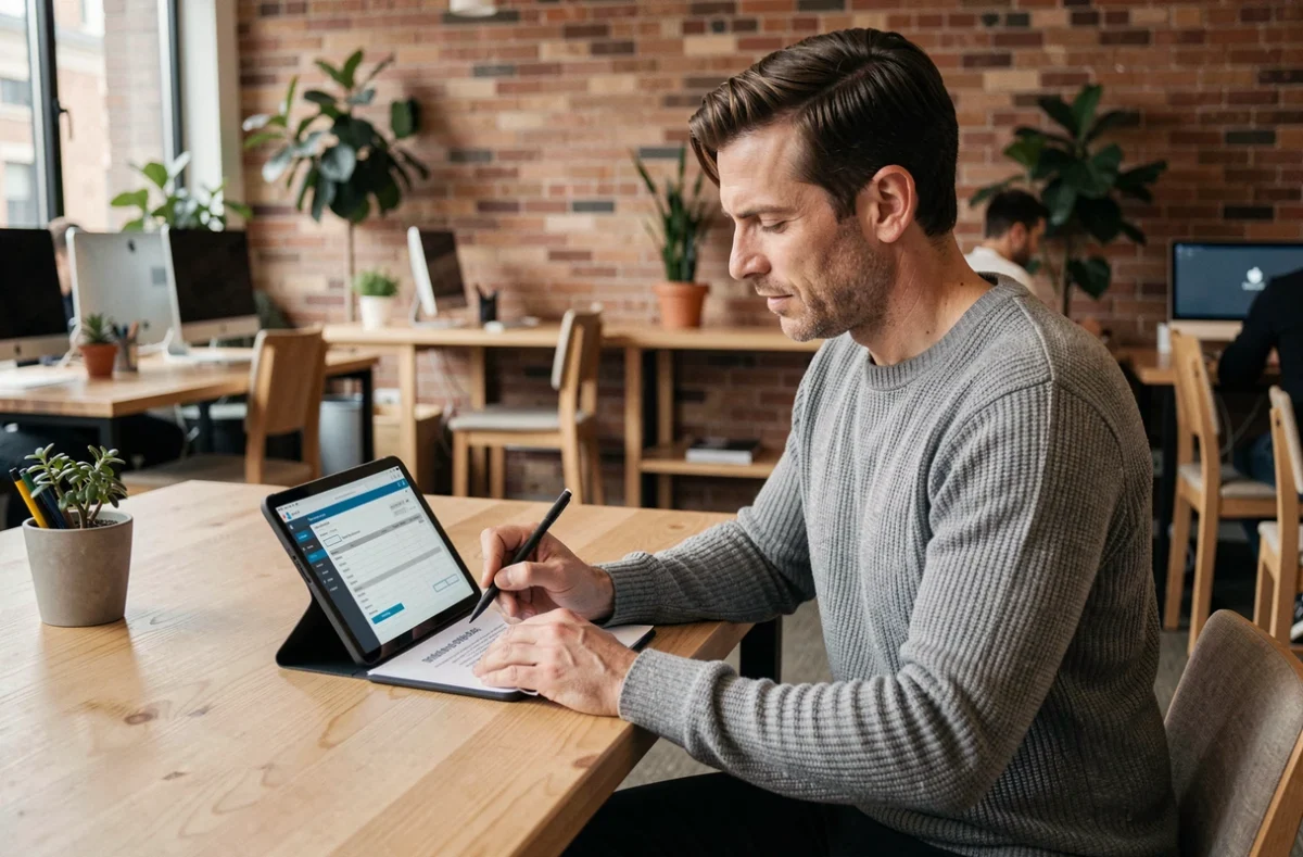Auto-entrepreneur remplissant une facture numérique dans un espace de co-working avec mentions d'activité principale