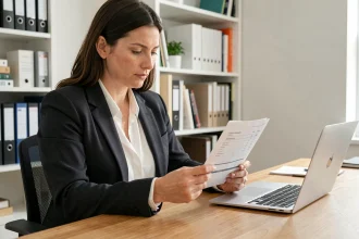 Auto-entrepreneuse vérifiant les mentions obligatoires sur une facture dans son bureau à domicile