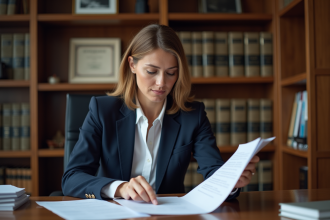 Avocate en costume navy examinant des documents juridiques