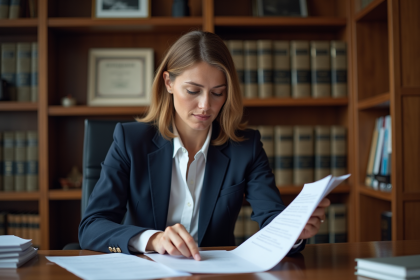 Avocate en costume navy examinant des documents juridiques