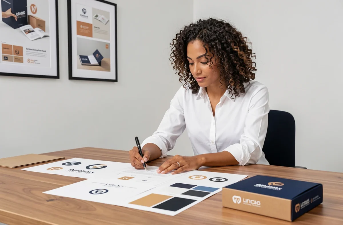 Consultante en branding examinant des propositions d'identité de marque et des maquettes de packaging dans un studio en Occitanie