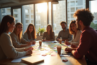 Groupe divers en brainstorming dans un bureau lumineux
