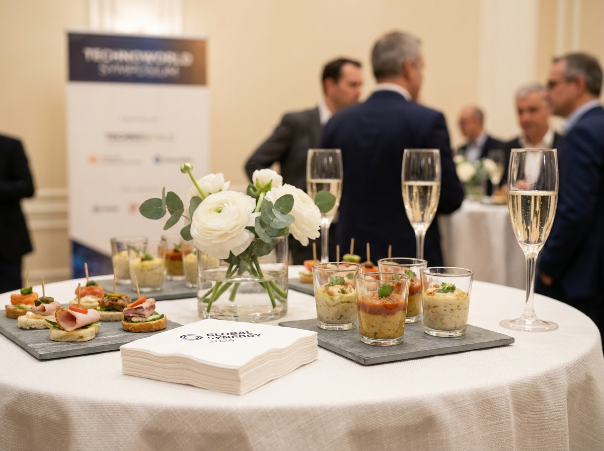 Table de buffet pour cocktail d'entreprise avec canapés sur ardoise, verrines et flûtes de champagne soigneusement disposés