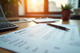 Bulletin de salaire ouvert sur un bureau avec stylo et calculatrice