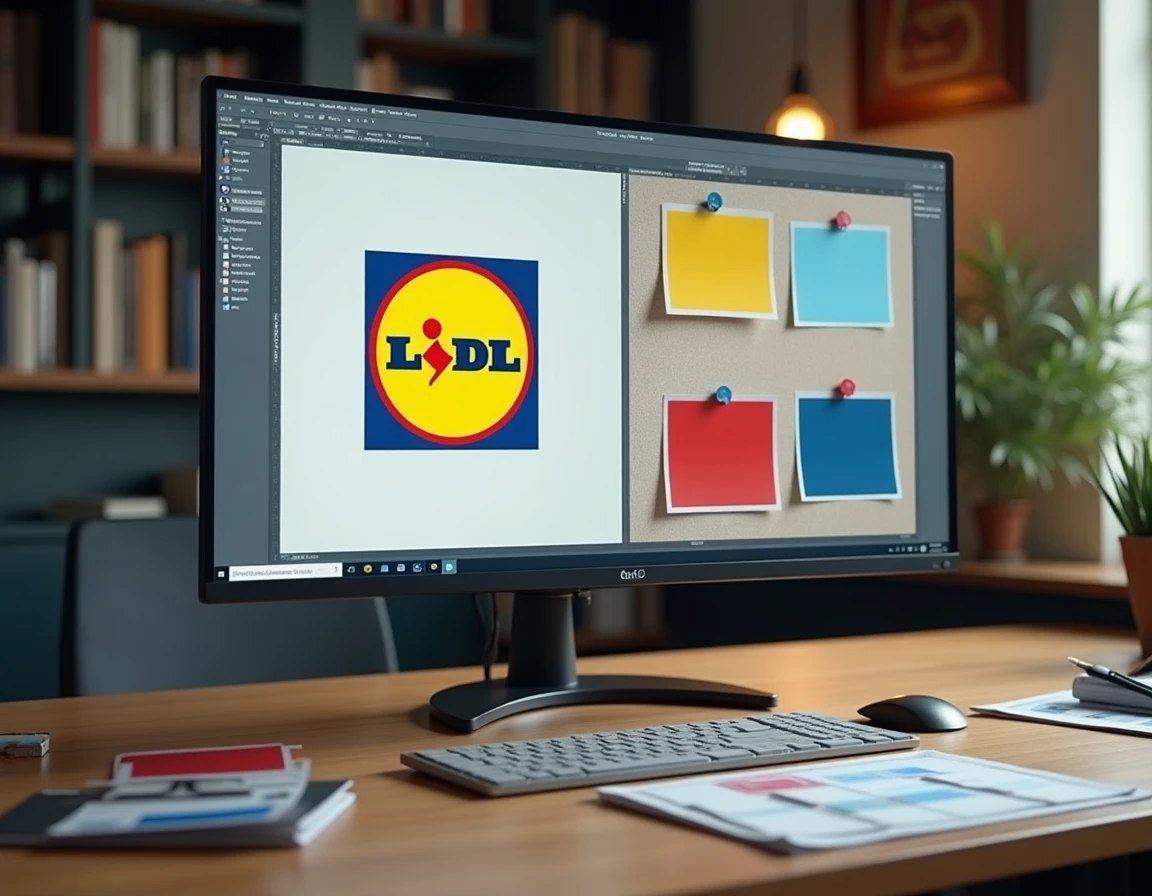 Bureau de graphiste avec analyse du logo Lidl sur écran et nuancier de couleurs épinglé au tableau