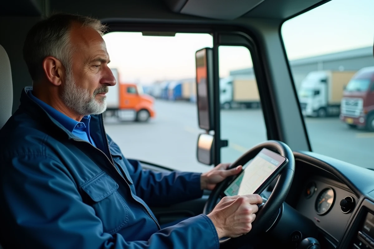 Conducteur de camion regardant un GPS dans la cabine