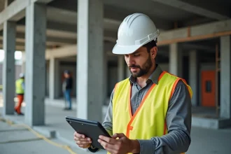 Chef de chantier BTP consultant une application de gestion sur tablette devant un chantier de construction actif