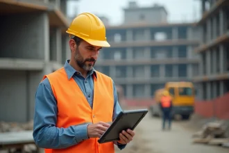 Chef de chantier BTP consultant un tableau de bord de gestion sur tablette devant un chantier de construction actif