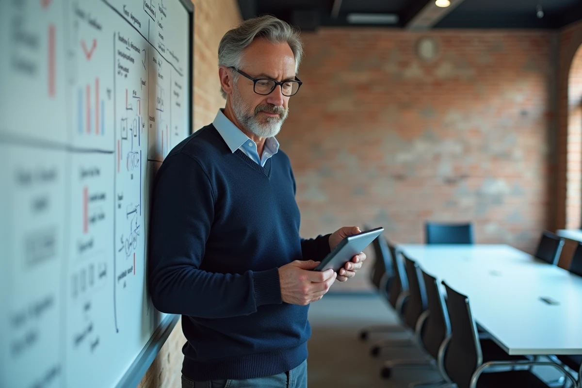 Chef d'entreprise debout dans une salle de réunion consultant un blog de communication stratégique sur tablette