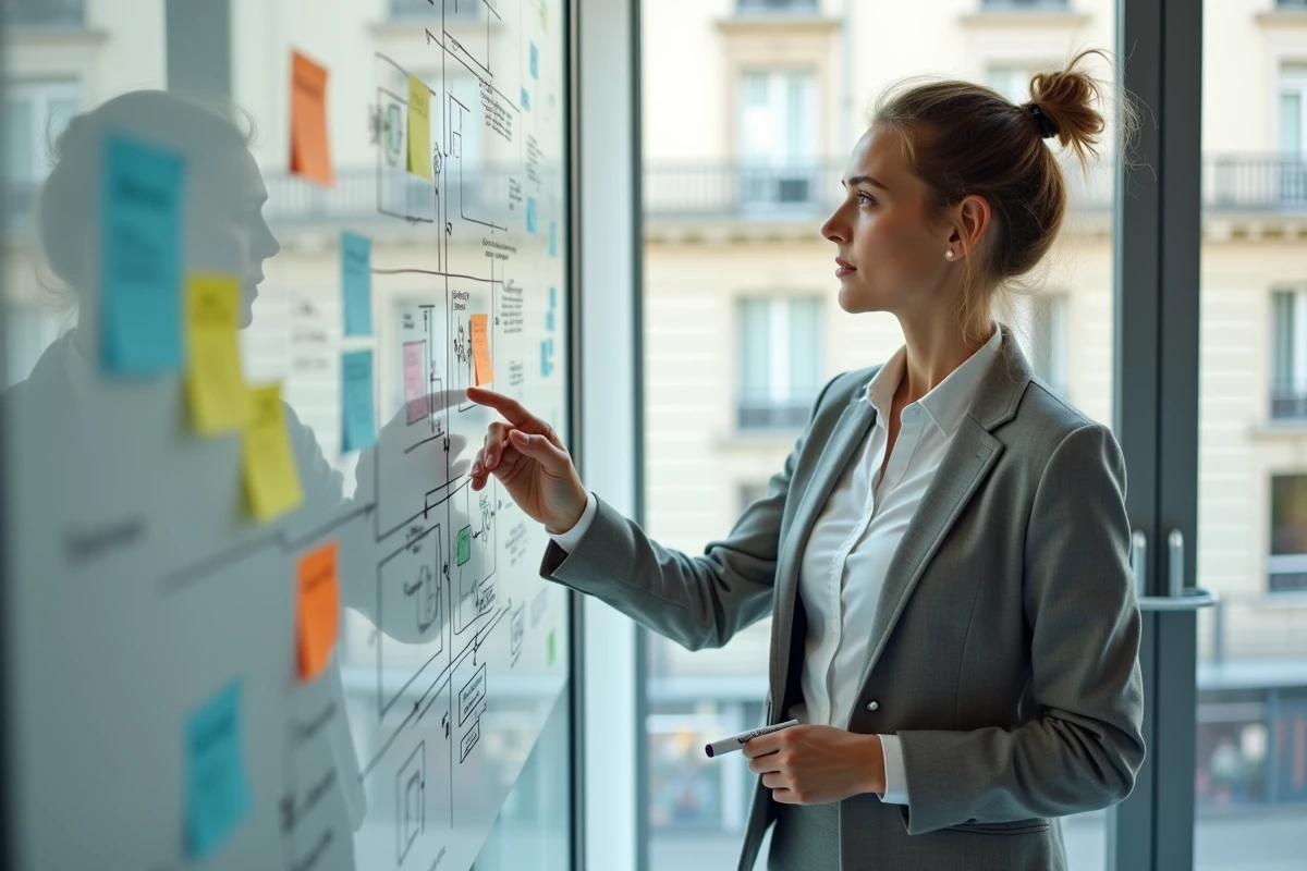 Chef de projet d'une agence digitale lyonnaise présentant une stratégie de refonte de site web à un client
