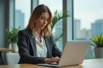 Cheffe d'entreprise consultant le blog perspectives-communication.com sur son ordinateur portable dans un bureau moderne