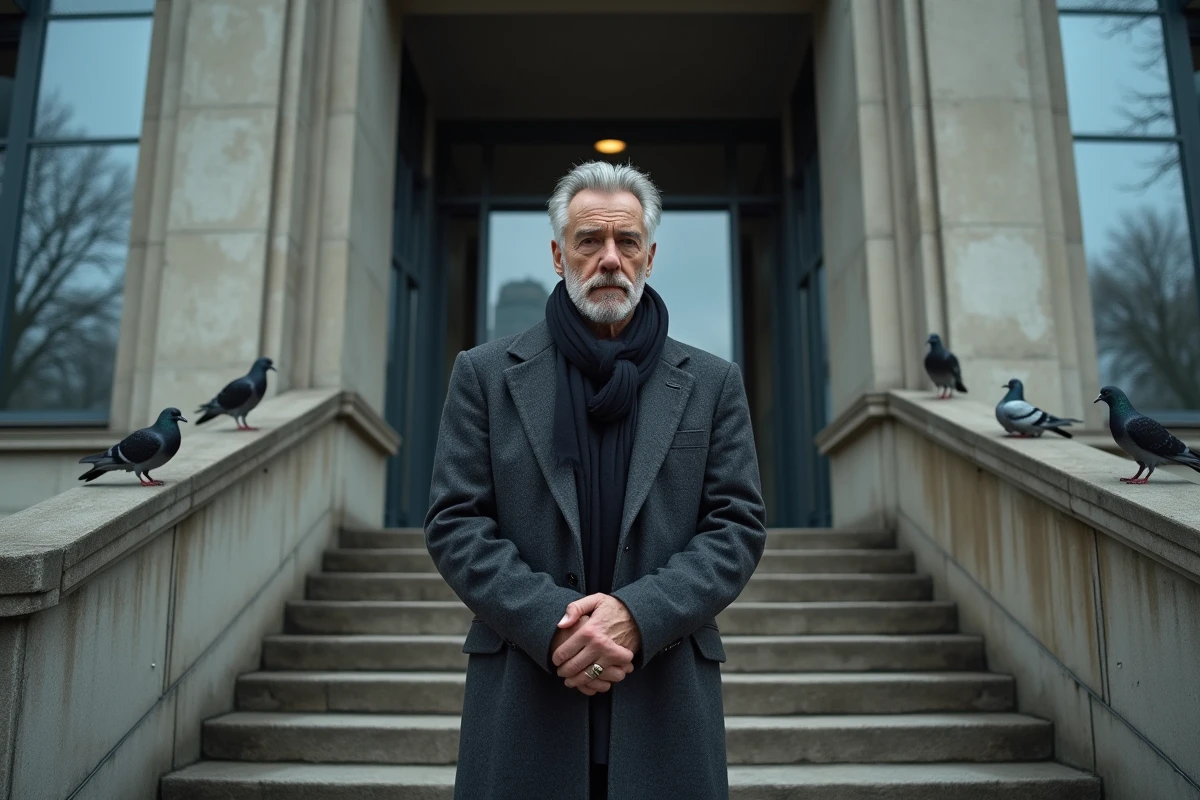 Cinéaste posant devant la façade brutaliste d'un grand cinéma urbain, expression réfléchie évoquant sa philosophie et sa vision du septième art