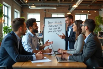 Équipe de bureau souriante réunie autour d'un tableau blanc avec une citation motivante sur l'esprit d'équipe