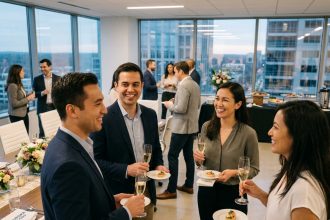 Cocktail d'entreprise en open space moderne avec des professionnels en tenue business casual tenant des flûtes de champagne et des petites bouchées