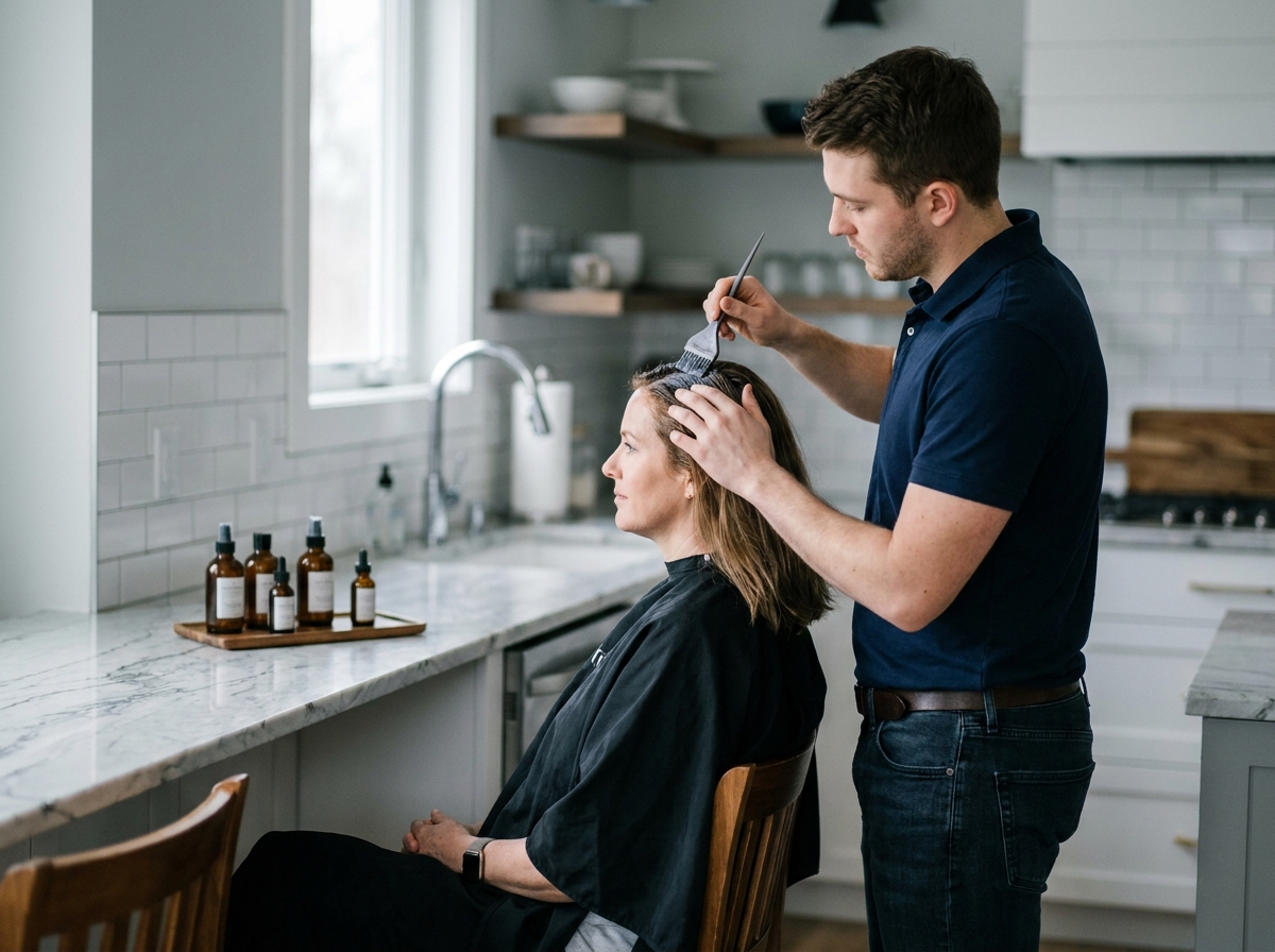 Coiffeur à domicile appliquant une coloration sur une cliente dans une cuisine contemporaine