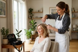 Coiffeuse professionnelle à domicile coupant les cheveux d'une femme dans un salon moderne et chaleureux