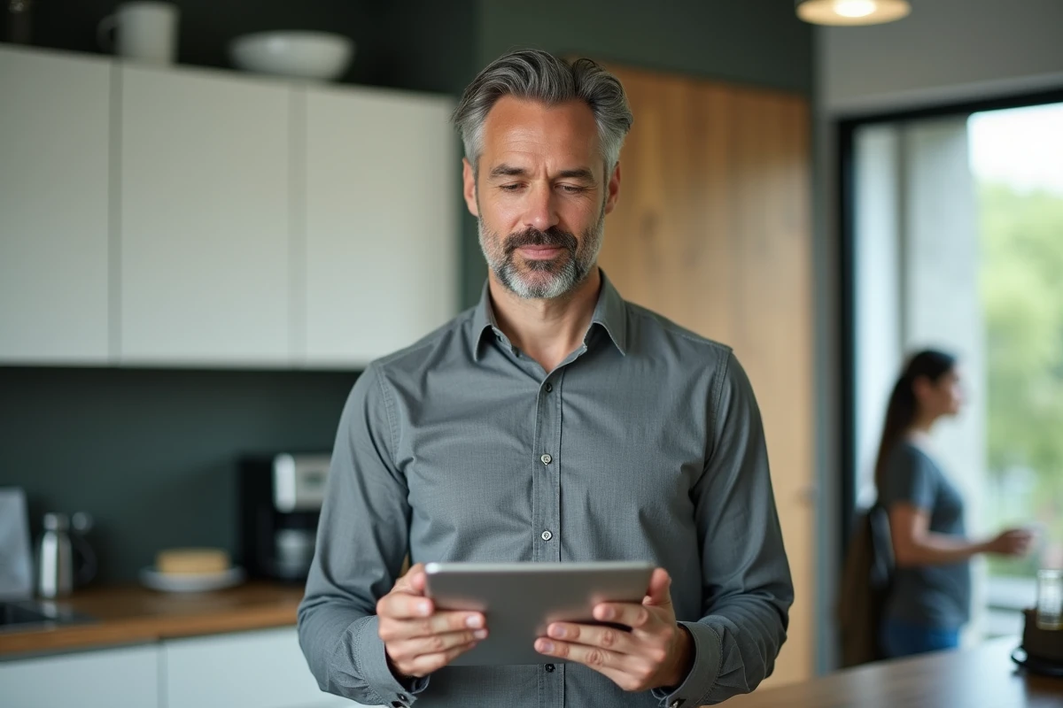 Collaborateur masculin consultant l'intranet groupe Blachère sur une tablette dans une salle de pause d'entreprise