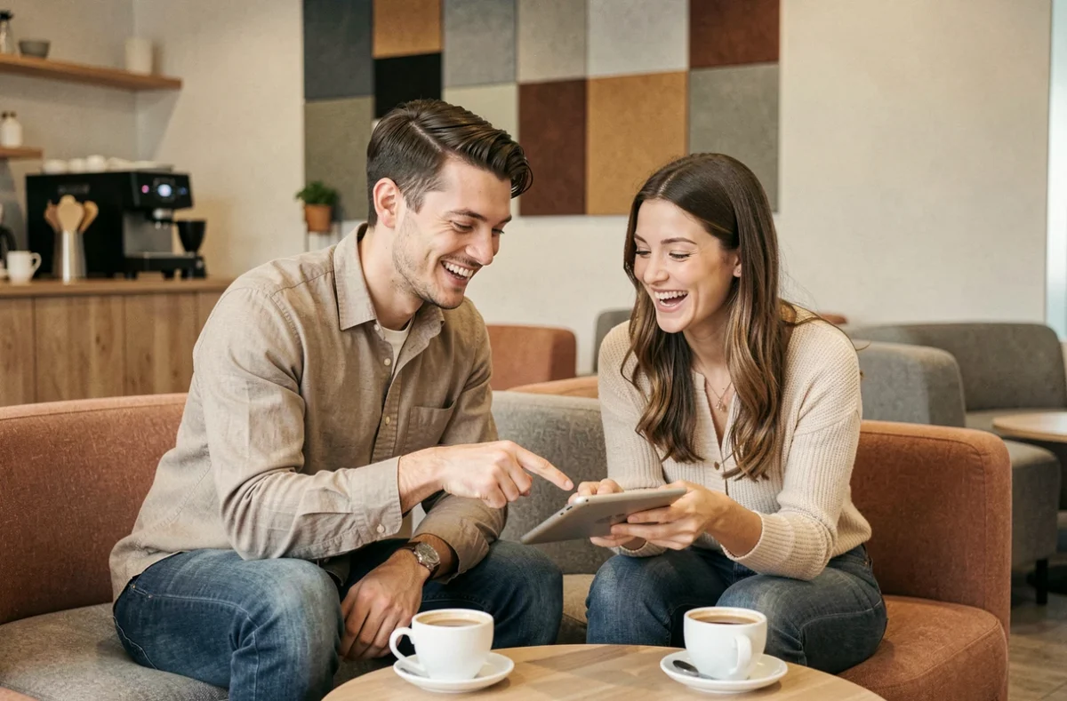 Deux jeunes professionnels collaborant dans l'espace détente d'un coworking à Nancy autour d'un café