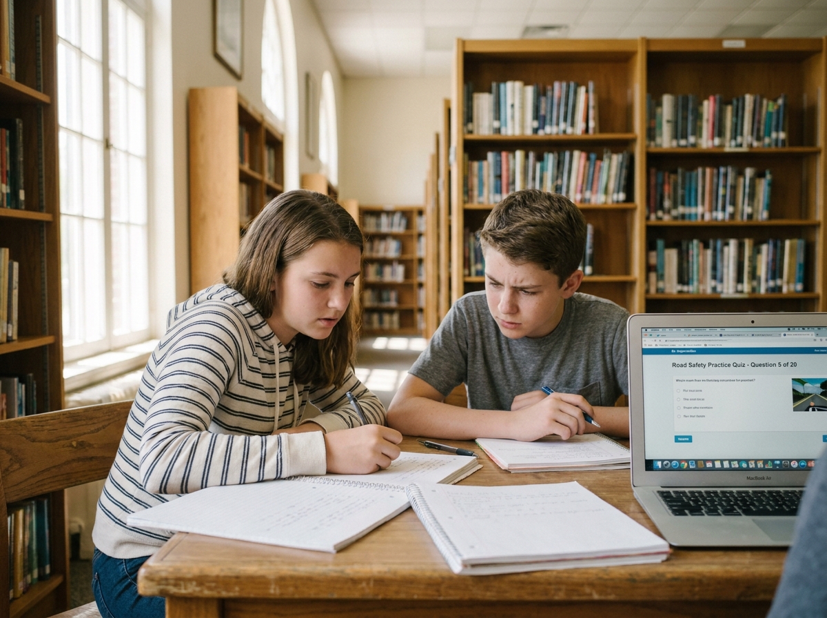 Deux collégiens qui révisent ensemble pour l'examen ASSR2 avec des cahiers et un ordinateur portable dans une bibliothèque scolaire