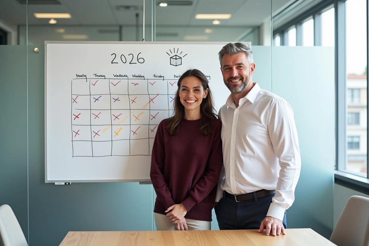 Deux collègues analysant un planning annuel 2026 au tableau blanc pour comptabiliser les jours travaillés selon leur contrat