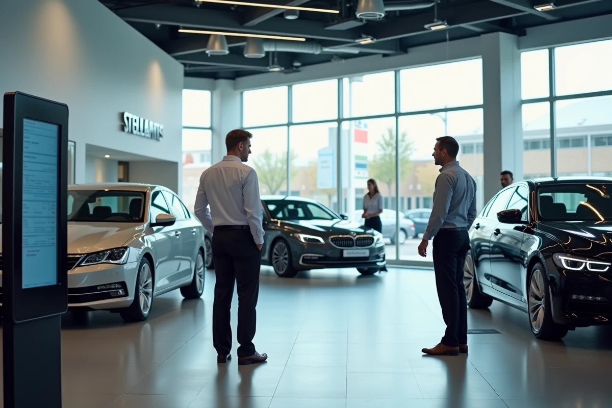 Vendeur automobile consultant des données Stellantis sur un kiosque numérique dans une concession moderne