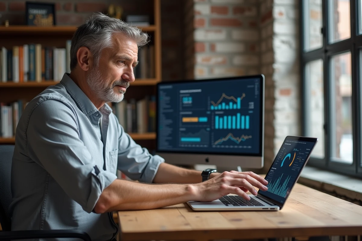 Homme paramétrant des KPI sur tablette et ordinateur portable dans un bureau à domicile