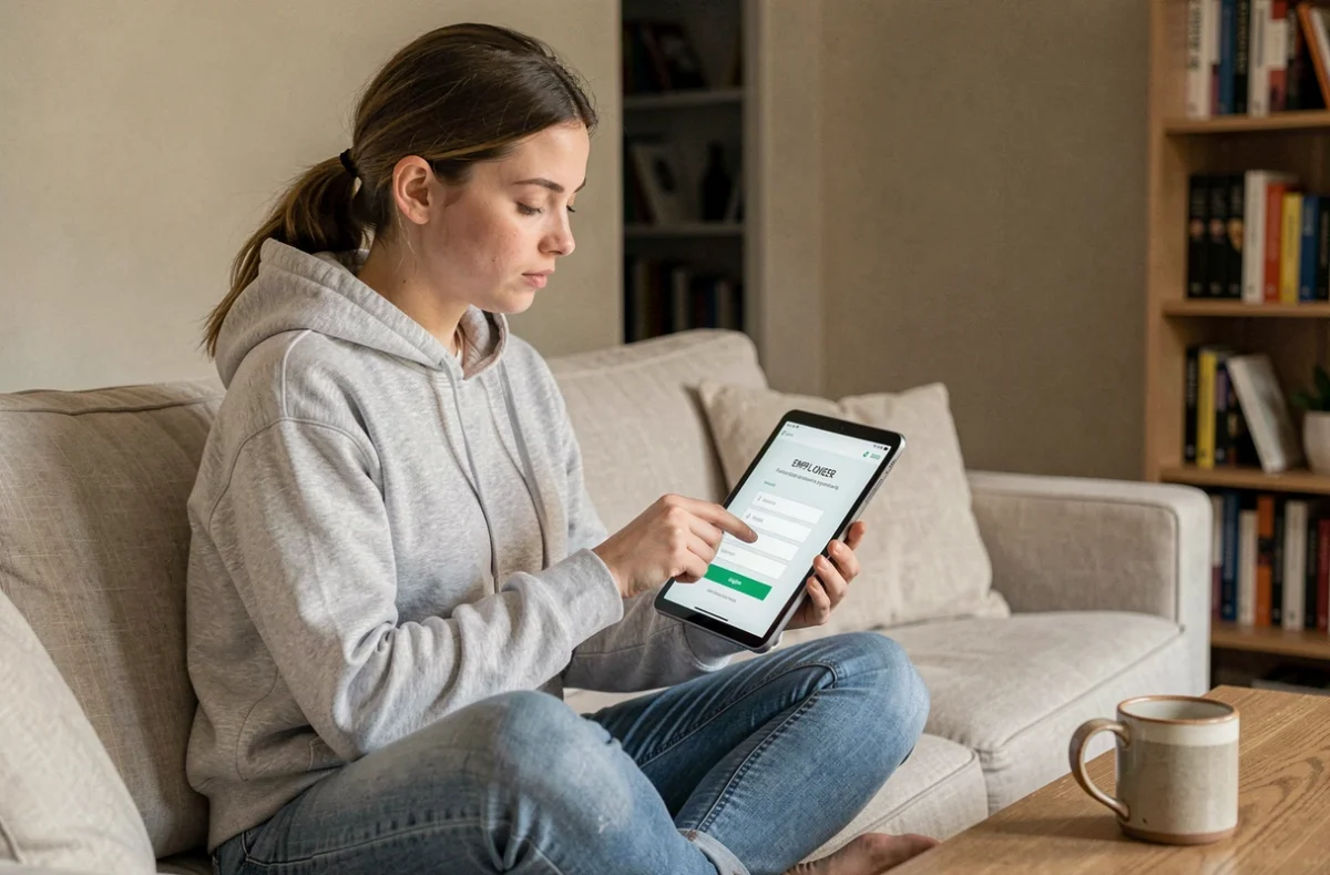 Jeune salariée Auchan se connectant à HR4YOU depuis son domicile via une tablette