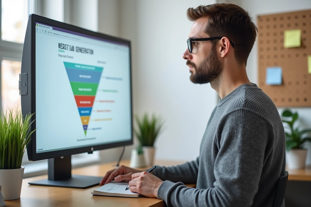 Consultant web debout devant un écran présentant un entonnoir de génération de leads pour un site internet