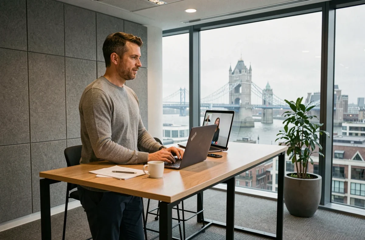 Un consultant en portage salarial en réunion vidéo depuis un espace de travail moderne à Londres