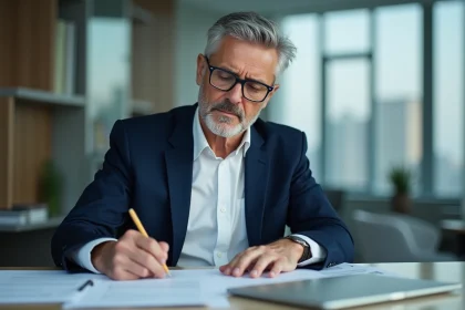 Consultant senior en bureau professionnel en train de prendre des notes