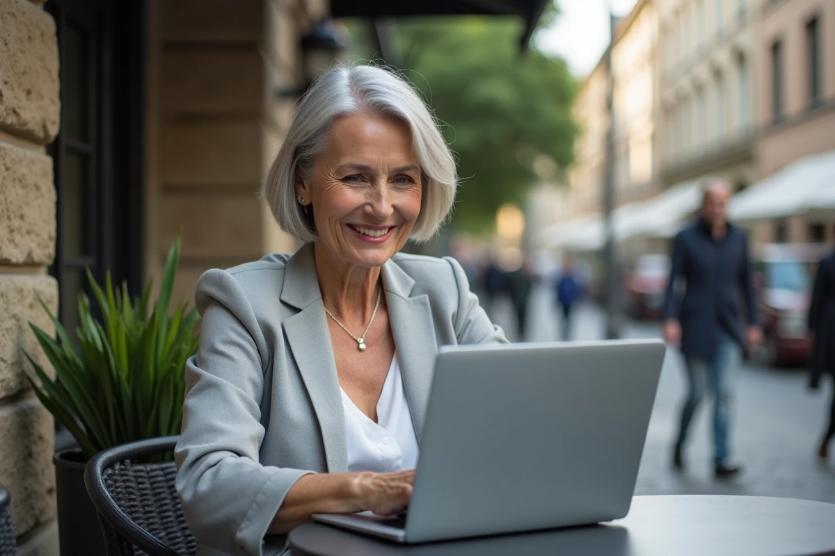 Consultante senior en terrasse de café lors d