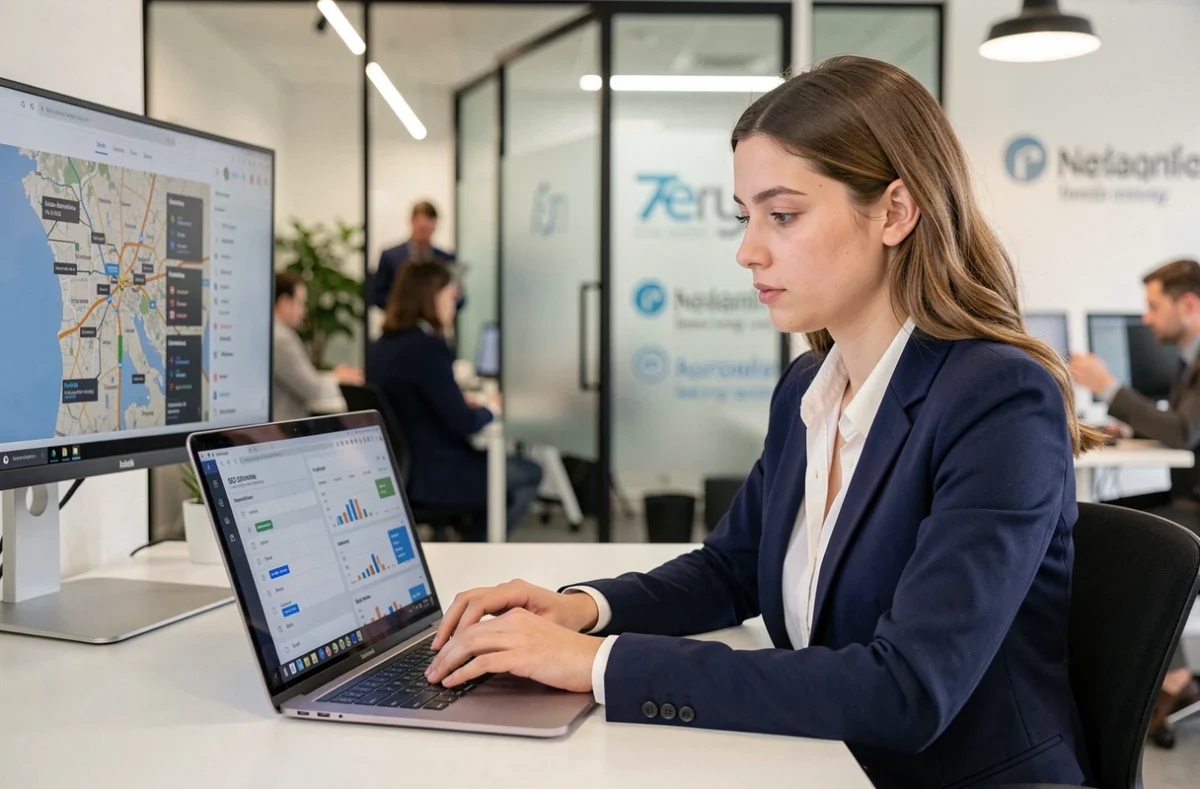 Consultante en marketing digital analysant des performances SEO et stratégies numériques pour des clients en Seine-Maritime