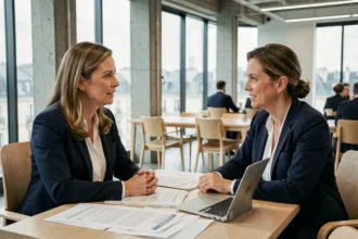Consultante en portage salarial discutant d'un contrat avec une professionnelle dans un bureau moderne à Paris